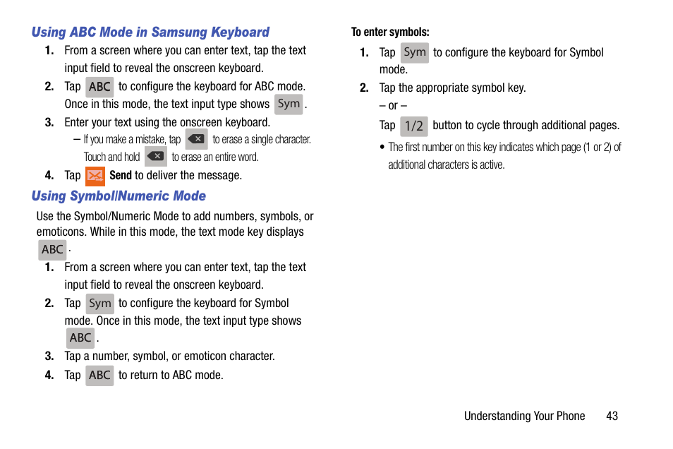 Using abc mode in samsung keyboard, Using symbol/numeric mode | Samsung SM-G900AZKZAIO User Manual | Page 51 / 200