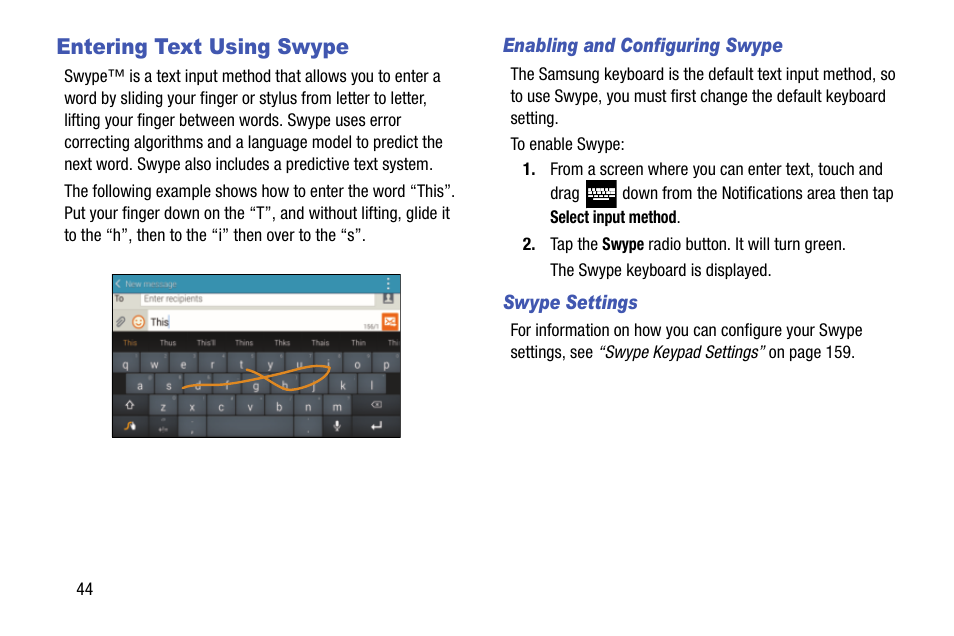Entering text using swype, Enabling and configuring swype, Swype settings | Samsung SM-G900AZKZAIO User Manual | Page 52 / 200