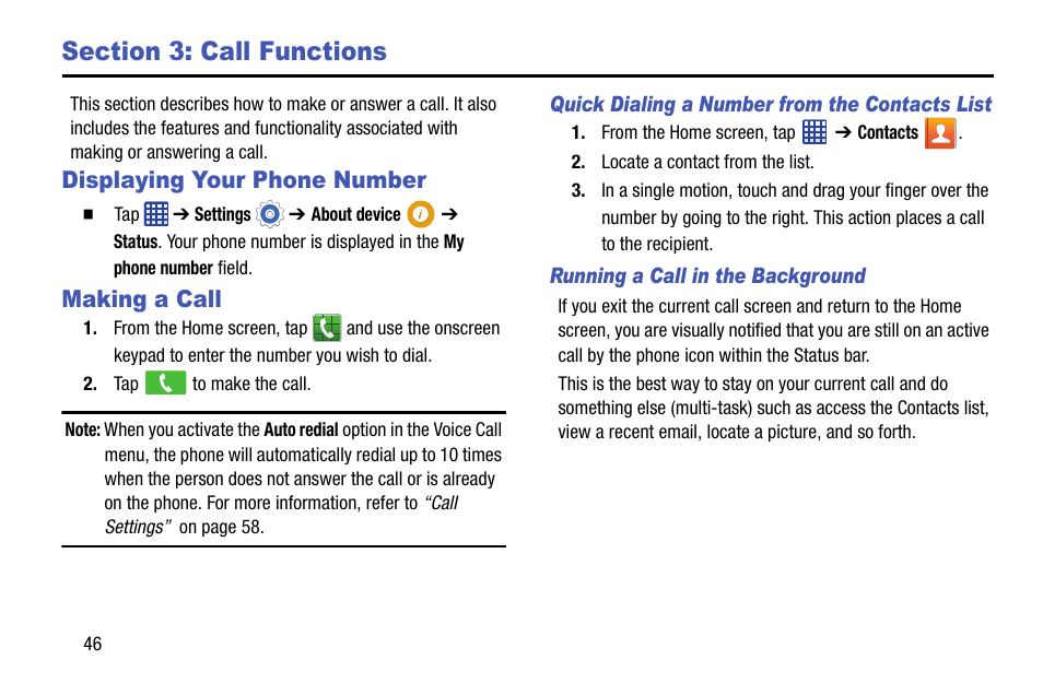 Section 3: call functions, Displaying your phone number, Making a call | Quick dialing a number from the contacts list, Running a call in the background, Displaying your phone number making a call | Samsung SM-G900AZKZAIO User Manual | Page 54 / 200