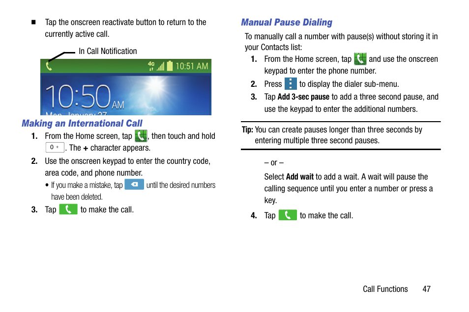 Making an international call, Manual pause dialing | Samsung SM-G900AZKZAIO User Manual | Page 55 / 200