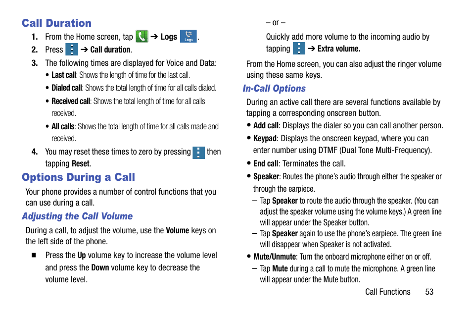 Call duration, Options during a call, Adjusting the call volume | In-call options, Call duration options during a call | Samsung SM-G900AZKZAIO User Manual | Page 61 / 200
