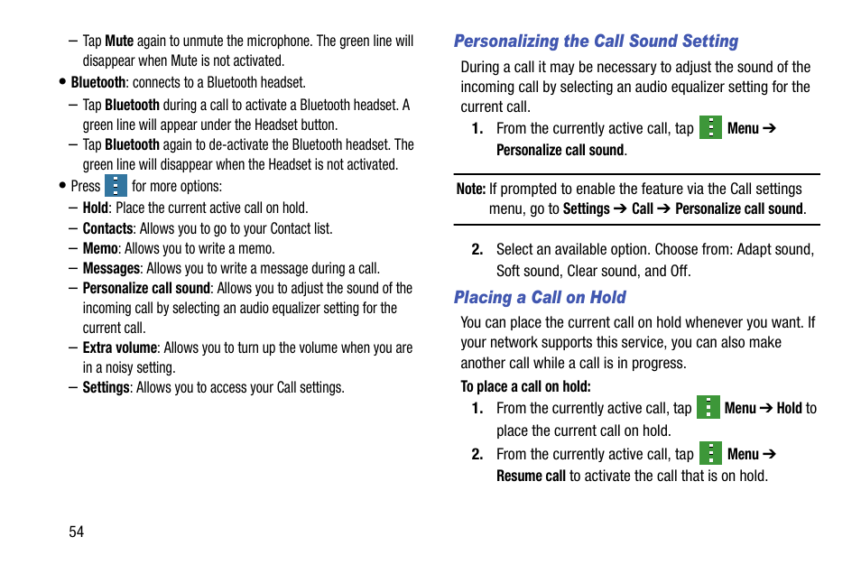 Personalizing the call sound setting, Placing a call on hold | Samsung SM-G900AZKZAIO User Manual | Page 62 / 200