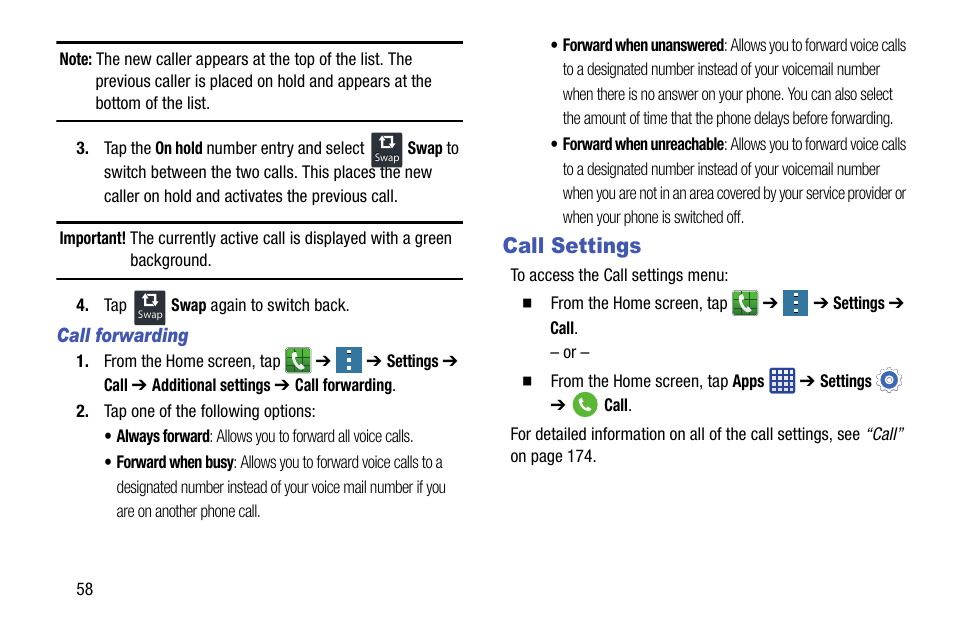 Call forwarding, Call settings | Samsung SM-G900AZKZAIO User Manual | Page 66 / 200