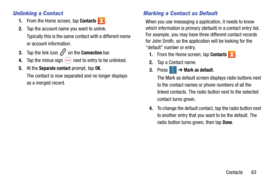 Unlinking a contact, Marking a contact as default | Samsung SM-G900AZKZAIO User Manual | Page 71 / 200