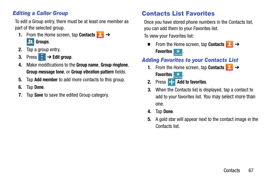 Editing a caller group, Contacts list favorites, Adding favorites to your contacts list | Samsung SM-G900AZKZAIO User Manual | Page 75 / 200