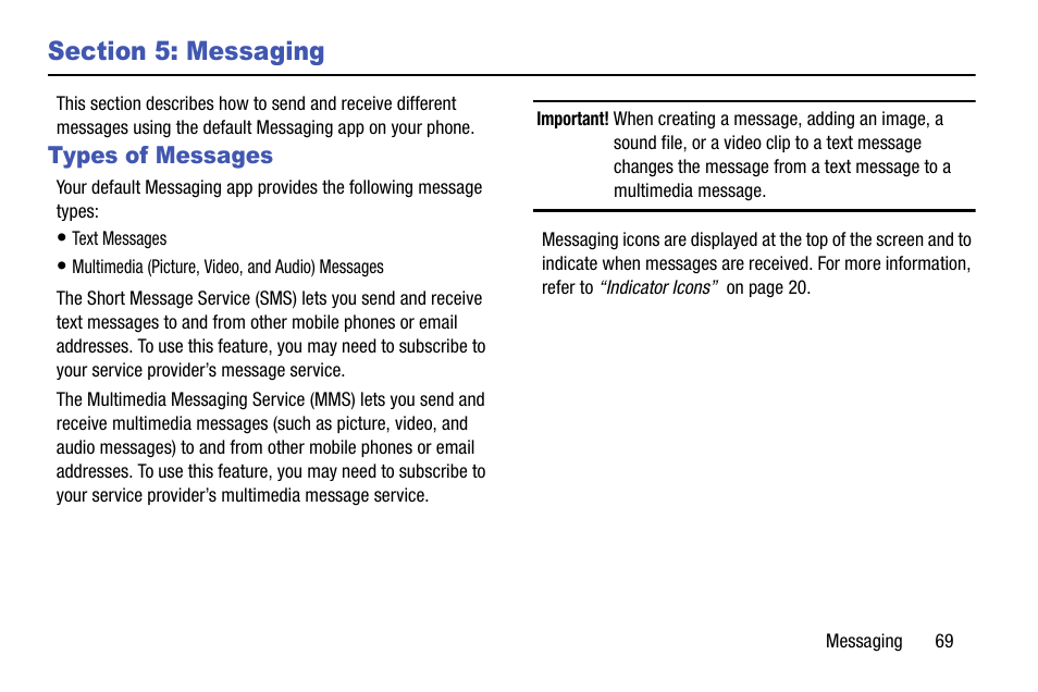 Section 5: messaging, Types of messages | Samsung SM-G900AZKZAIO User Manual | Page 77 / 200