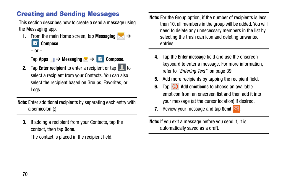 Creating and sending messages | Samsung SM-G900AZKZAIO User Manual | Page 78 / 200