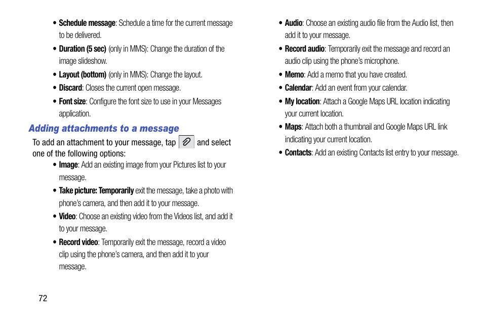 Adding attachments to a message | Samsung SM-G900AZKZAIO User Manual | Page 80 / 200