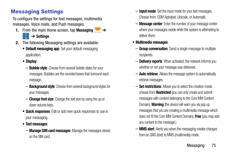 Messaging settings | Samsung SM-G900AZKZAIO User Manual | Page 83 / 200