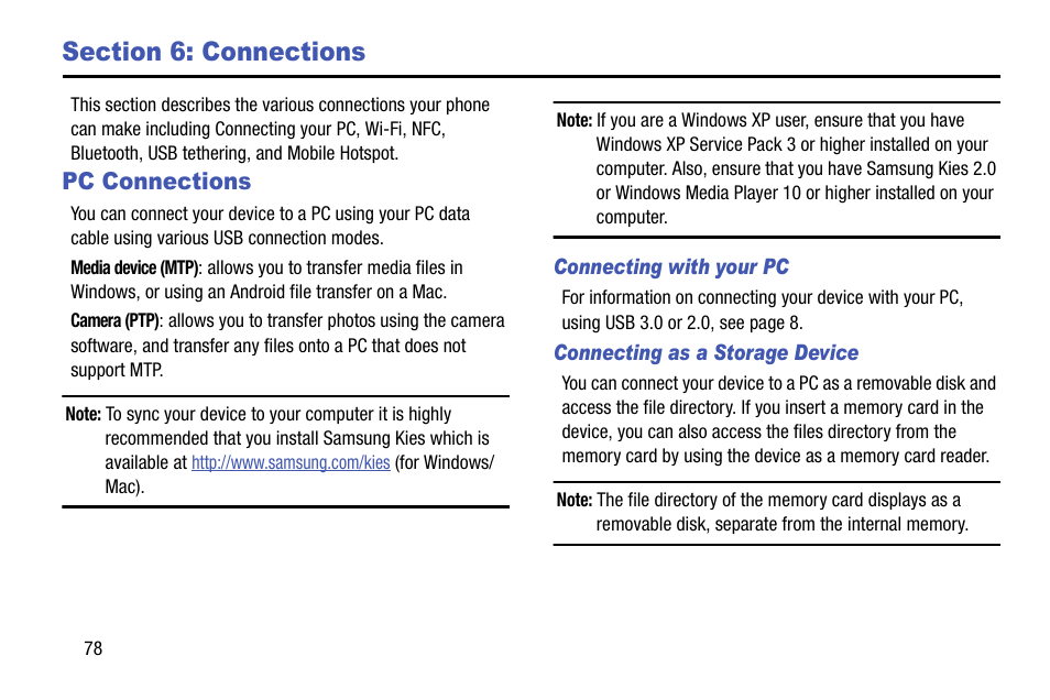 Section 6: connections, Pc connections, Connecting with your pc | Connecting as a storage device | Samsung SM-G900AZKZAIO User Manual | Page 86 / 200