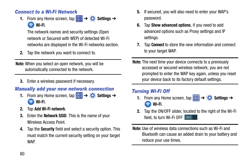 Connect to a wi-fi network, Manually add your new network connection, Turning wi-fi off | Samsung SM-G900AZKZAIO User Manual | Page 88 / 200