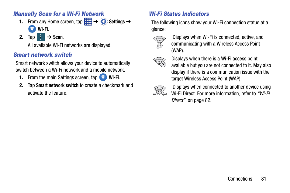 Manually scan for a wi-fi network, Smart network switch, Wi-fi status indicators | Samsung SM-G900AZKZAIO User Manual | Page 89 / 200