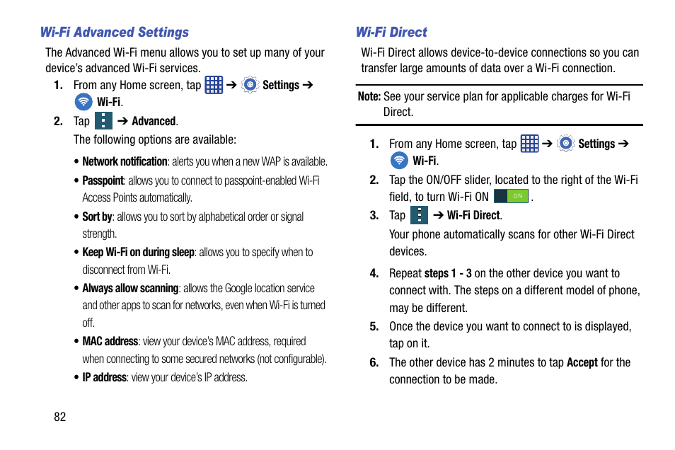 Wi-fi advanced settings, Wi-fi direct | Samsung SM-G900AZKZAIO User Manual | Page 90 / 200