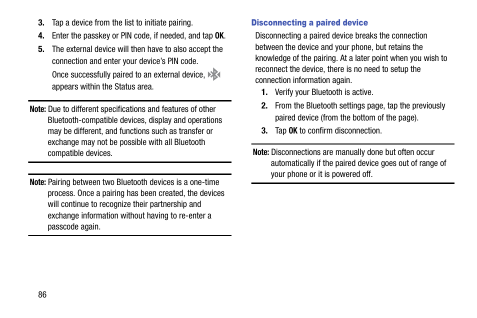 Disconnecting a paired device | Samsung SM-G900AZKZAIO User Manual | Page 94 / 200