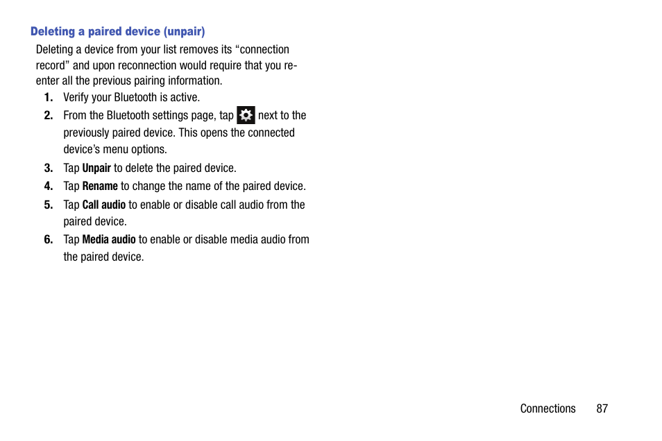 Deleting a paired device (unpair) | Samsung SM-G900AZKZAIO User Manual | Page 95 / 200