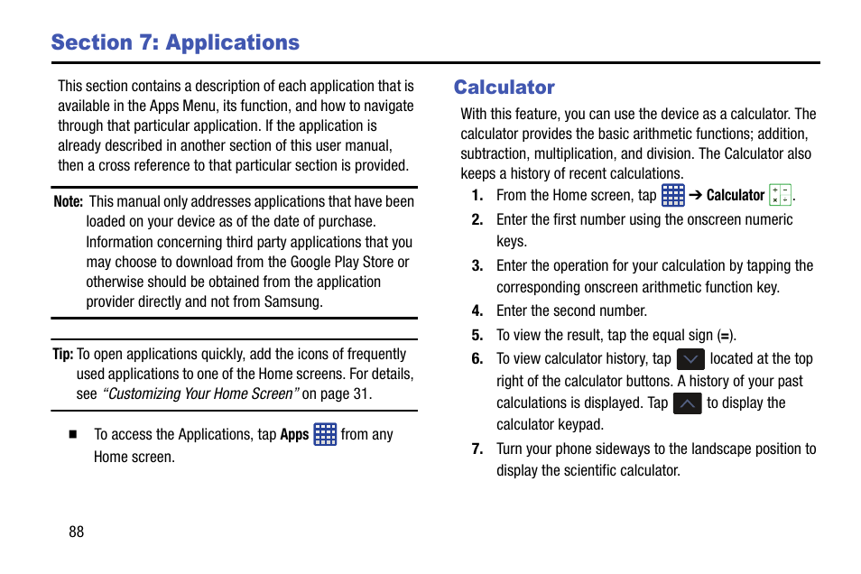 Section 7: applications, Calculator | Samsung SM-G900AZKZAIO User Manual | Page 96 / 200