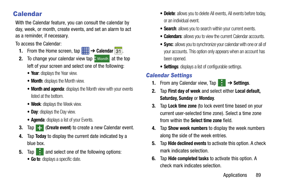 Calendar, Calendar settings | Samsung SM-G900AZKZAIO User Manual | Page 97 / 200