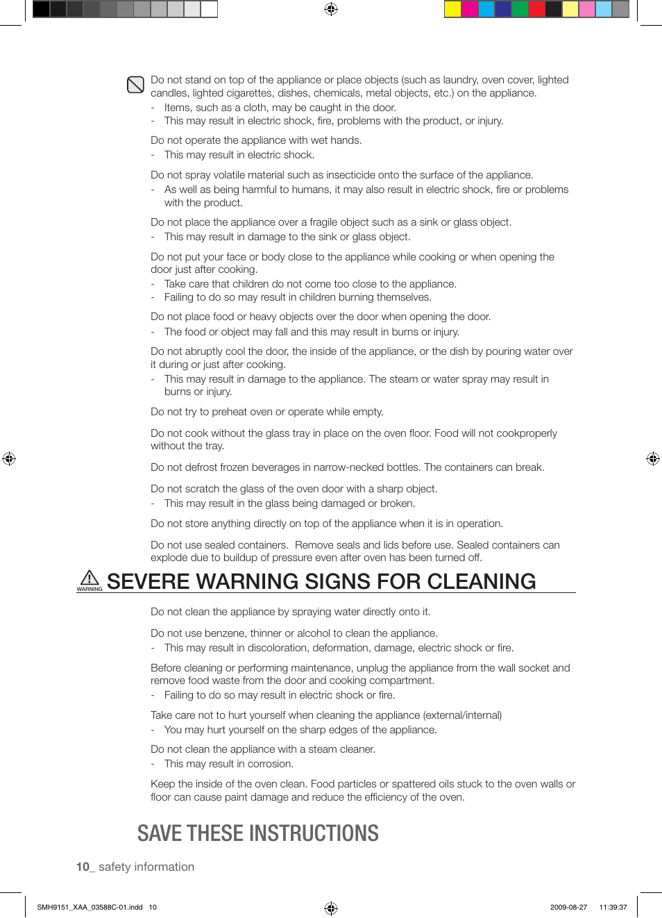 Save these instructions, Severe warning signs for cleaning | Samsung SMH9151B-XAA User Manual | Page 10 / 40