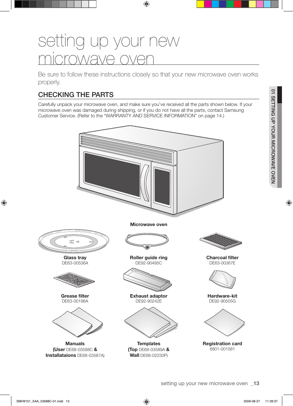 Setting up your new microwave oven, Checking the parts | Samsung SMH9151B-XAA User Manual | Page 13 / 40