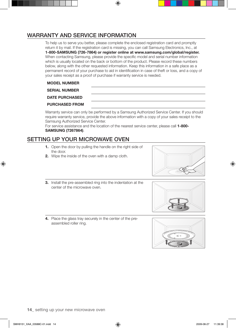 Warranty and service information, Setting up your microwave oven | Samsung SMH9151B-XAA User Manual | Page 14 / 40