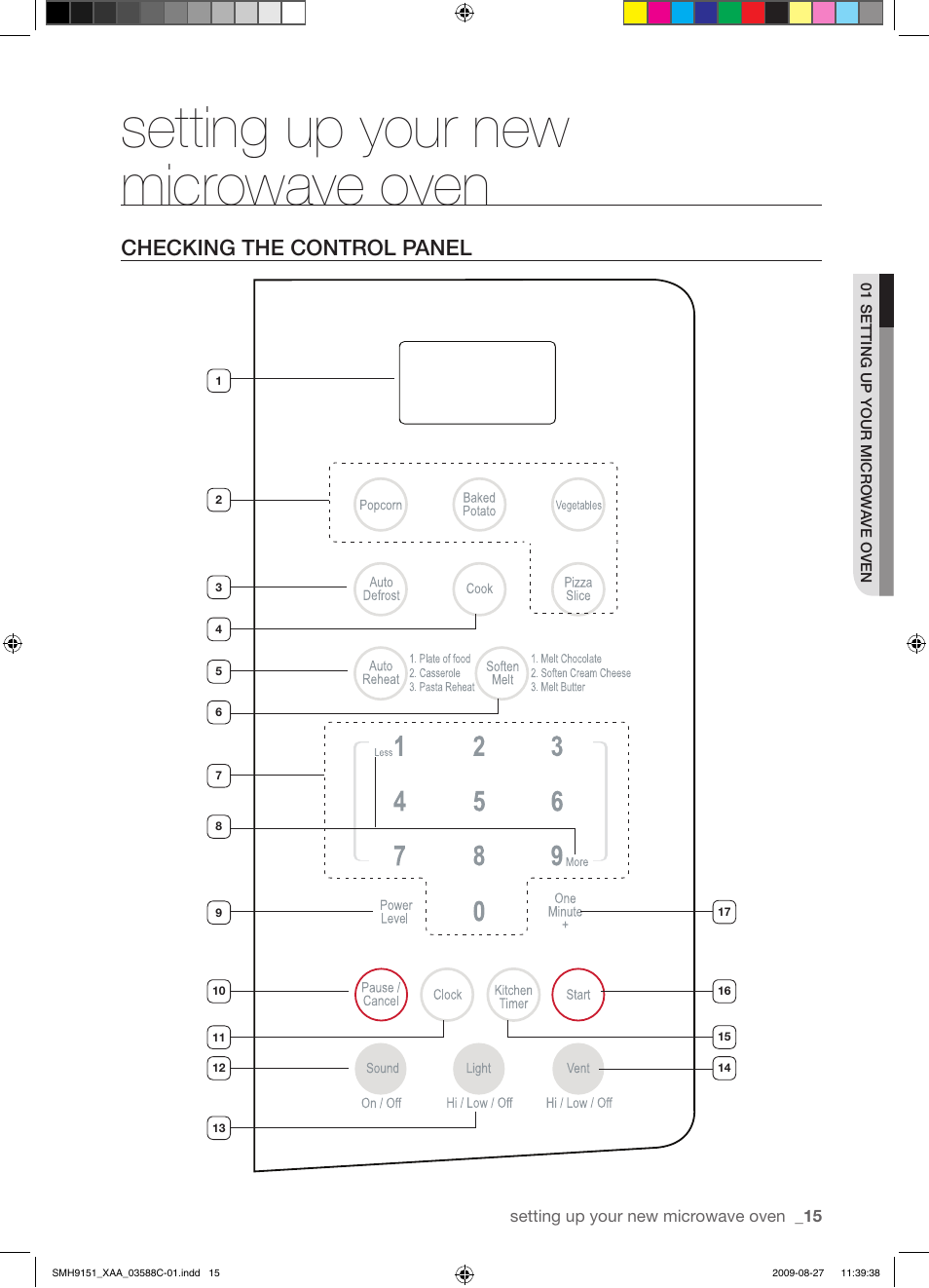 Setting up your new microwave oven, Checking the control panel | Samsung SMH9151B-XAA User Manual | Page 15 / 40