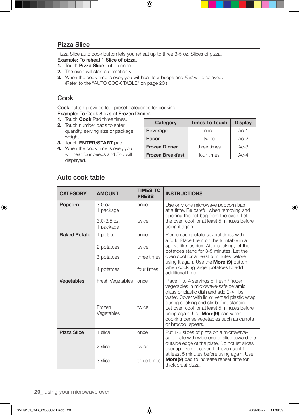 Pizza slice, Cook, Auto cook table | Samsung SMH9151B-XAA User Manual | Page 20 / 40