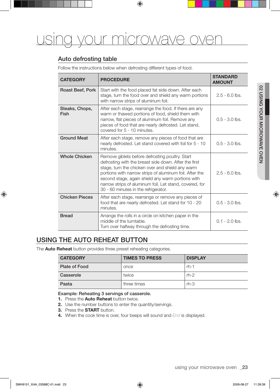 Using your microwave oven, Using the auto reheat button, Auto defrosting table | Samsung SMH9151B-XAA User Manual | Page 23 / 40
