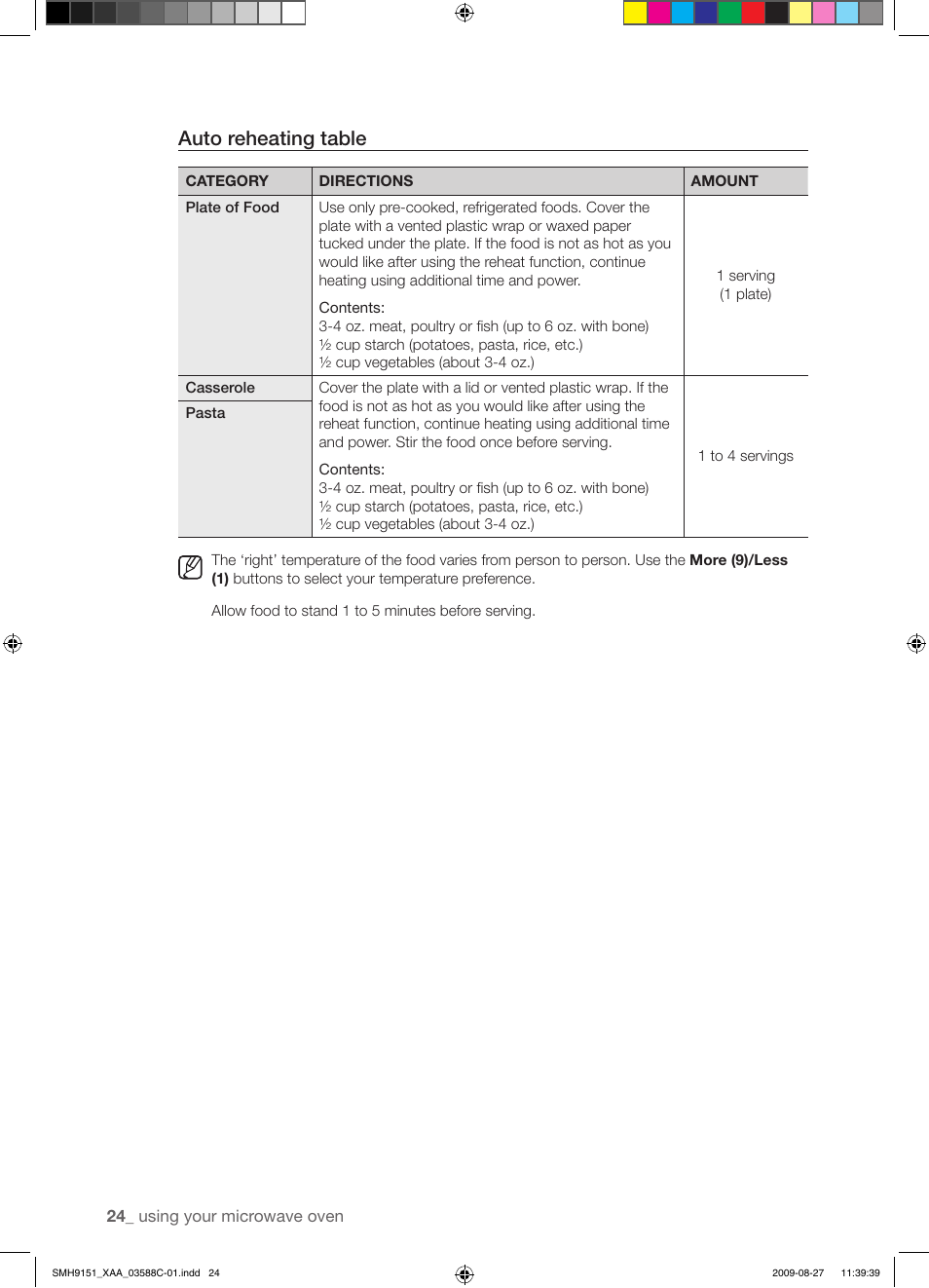 Auto reheating table | Samsung SMH9151B-XAA User Manual | Page 24 / 40