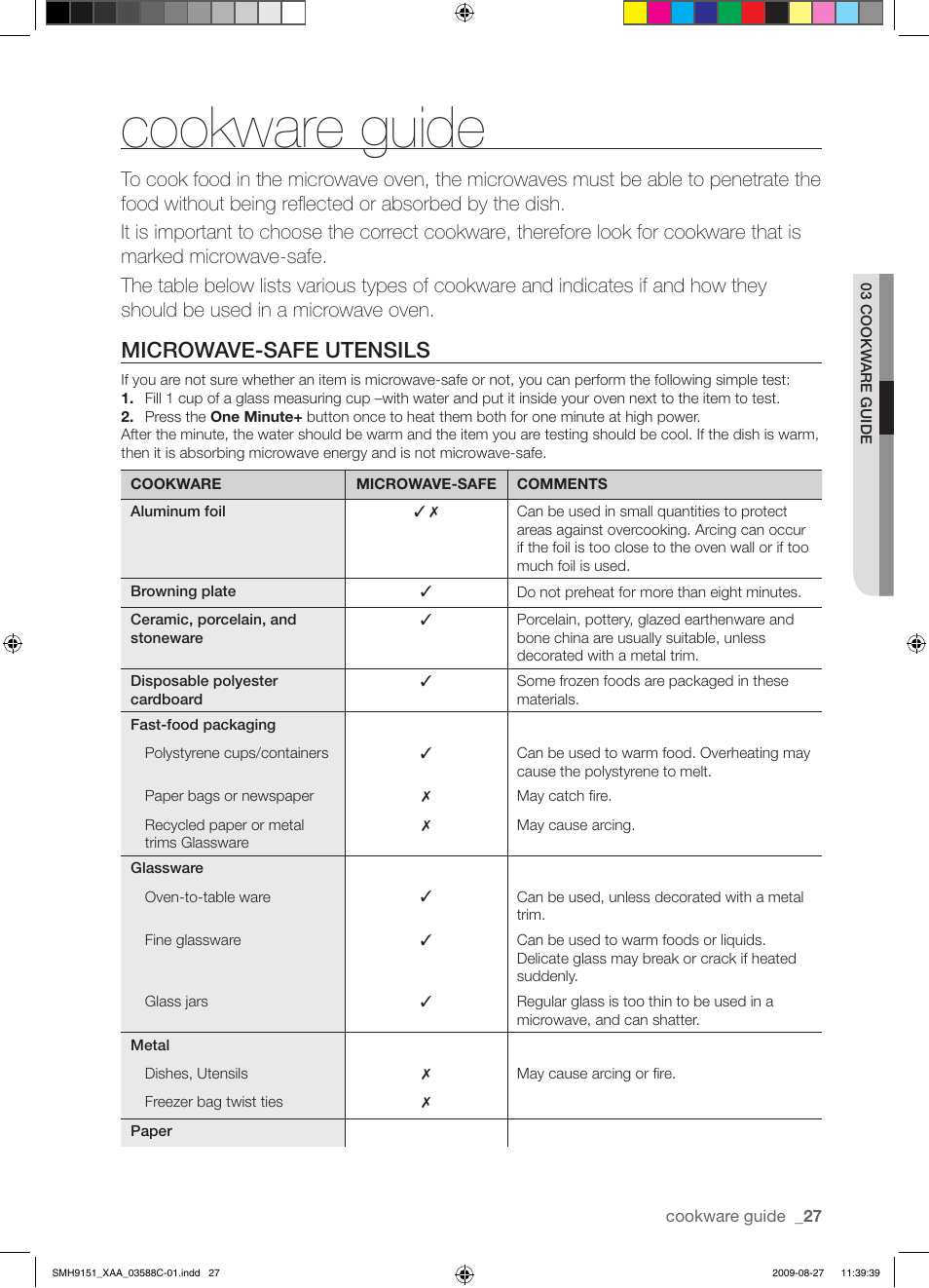Cookware guide, Microwave-safe utensils | Samsung SMH9151B-XAA User Manual | Page 27 / 40