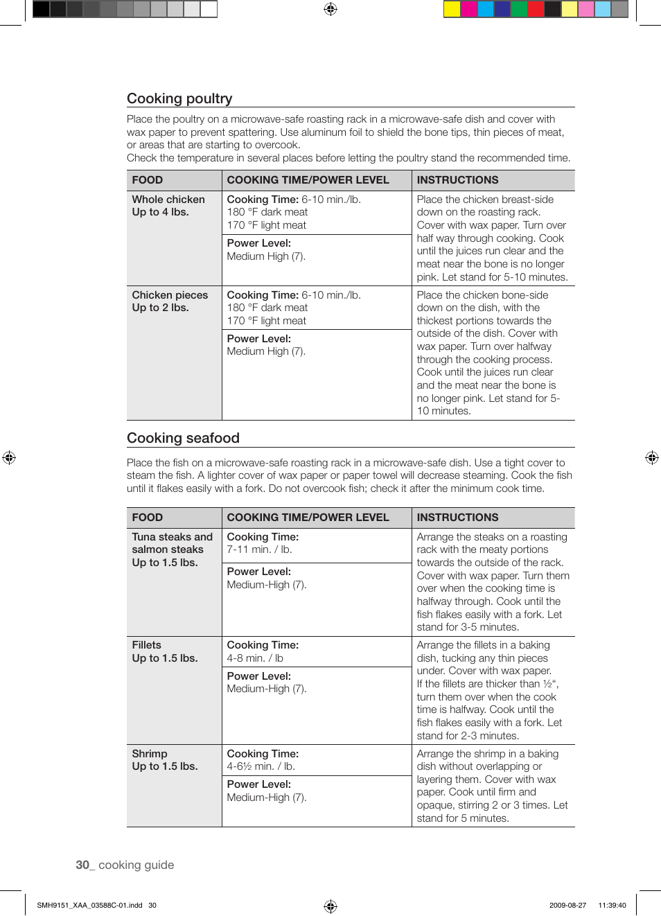 Cooking poultry, Cooking seafood | Samsung SMH9151B-XAA User Manual | Page 30 / 40