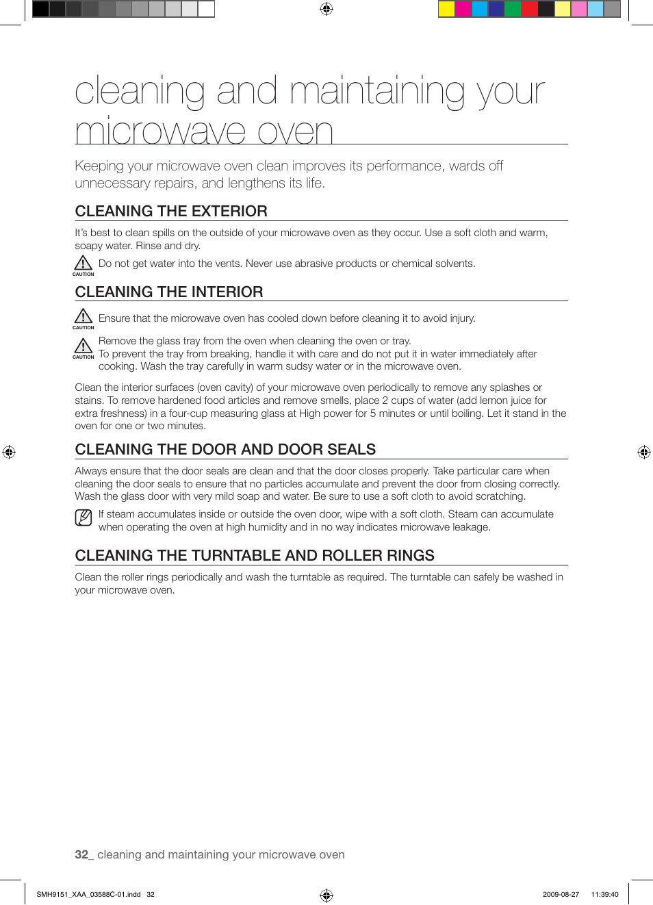 Cleaning and maintaining your microwave oven | Samsung SMH9151B-XAA User Manual | Page 32 / 40
