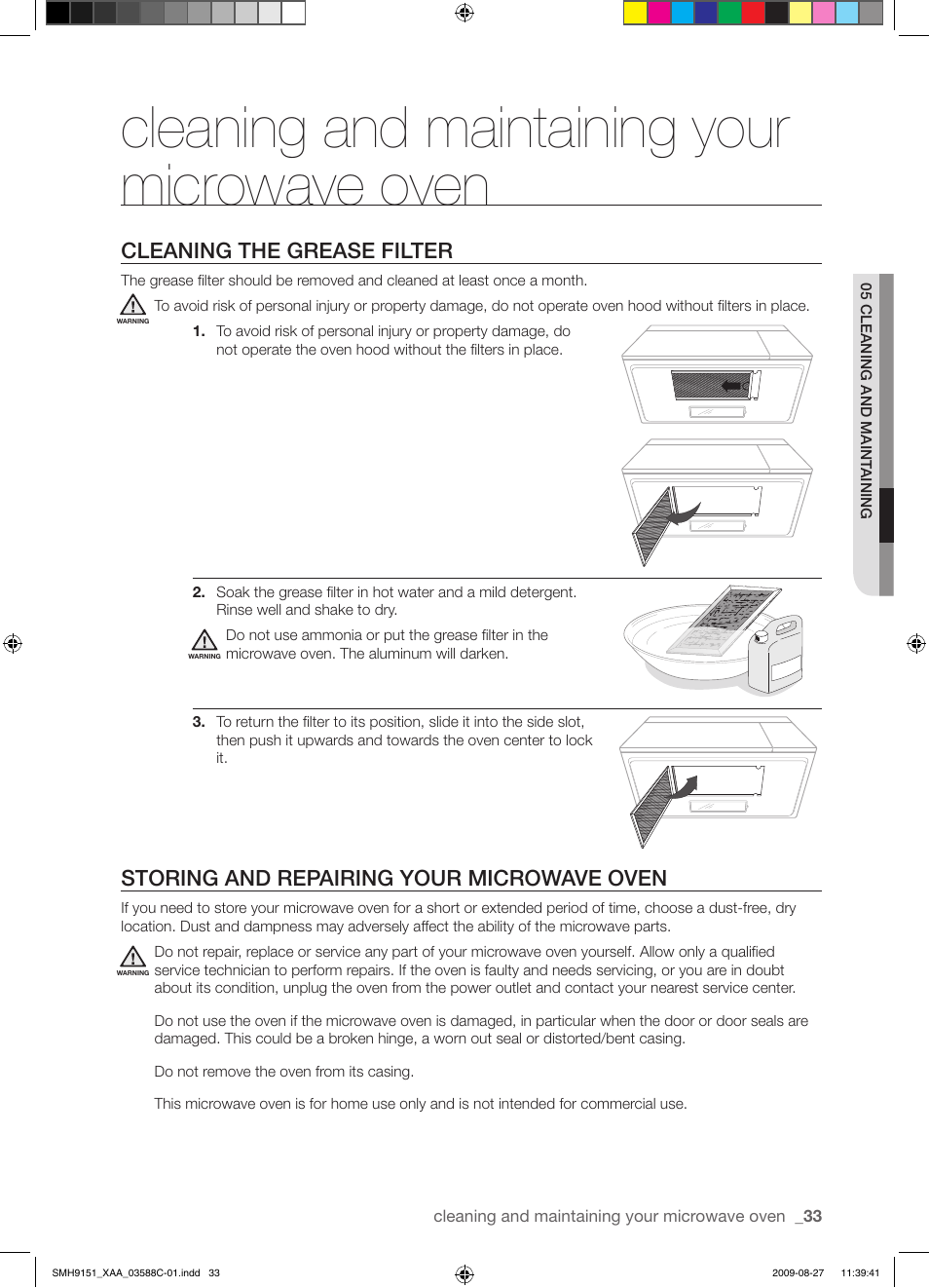 Cleaning and maintaining your microwave oven, Cleaning the grease filter, Storing and repairing your microwave oven | Samsung SMH9151B-XAA User Manual | Page 33 / 40