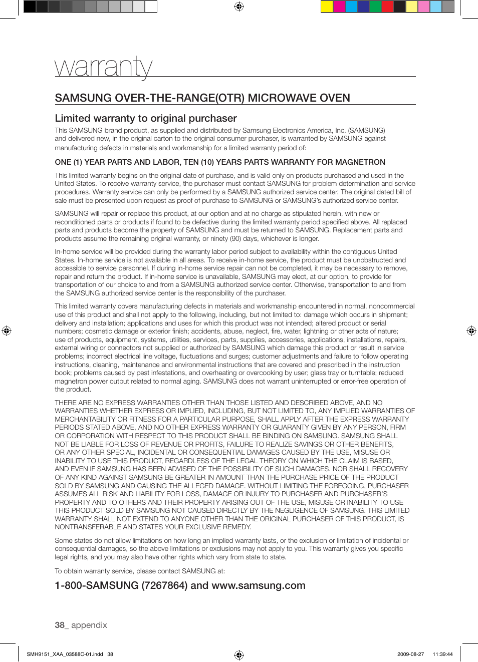 Warranty, Samsung over-the-range(otr) microwave oven | Samsung SMH9151B-XAA User Manual | Page 38 / 40