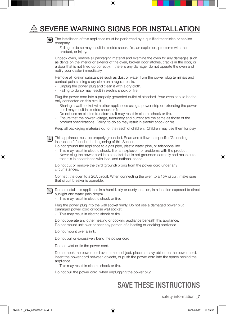 Save these instructions, Severe warning signs for installation | Samsung SMH9151B-XAA User Manual | Page 7 / 40