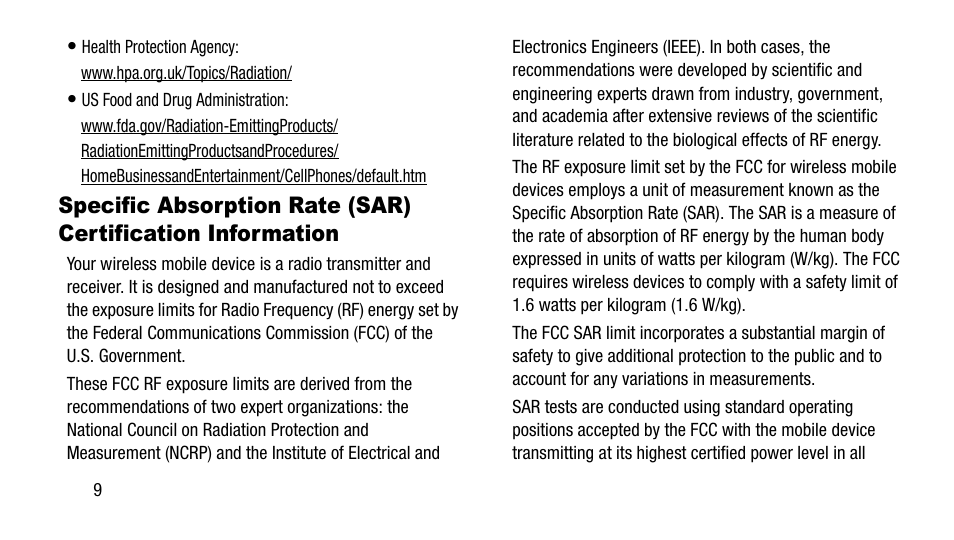 Specific absorption rate (sar) certification, Information | Samsung SM-T217AZKAATT User Manual | Page 14 / 54