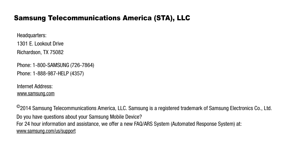 Samsung telecommunications america (sta), llc | Samsung SM-T217AZKAATT User Manual | Page 5 / 54