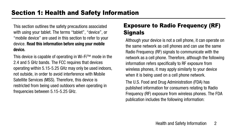 Section 1: health and safety information, Exposure to radio frequency (rf) signals | Samsung SM-T217AZKAATT User Manual | Page 7 / 54