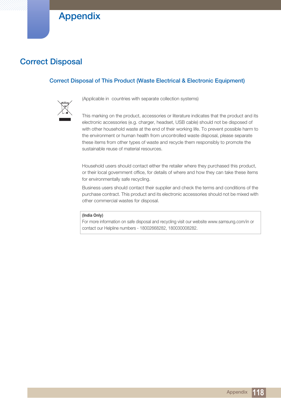 Correct disposal, Appendix | Samsung LS19C45KBRV-GO User Manual | Page 118 / 122