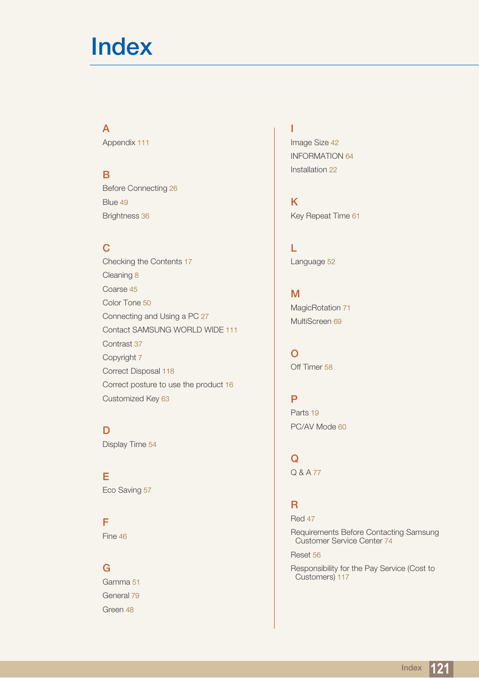 Index | Samsung LS19C45KBRV-GO User Manual | Page 121 / 122