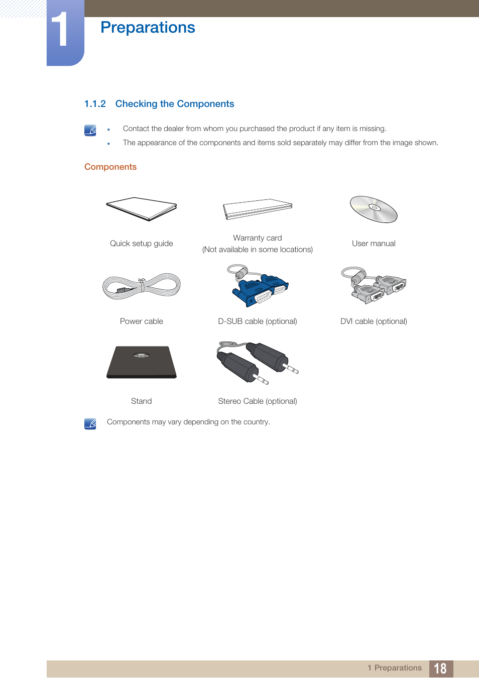 2 checking the components, Checking the components, Preparations | Samsung LS19C45KBRV-GO User Manual | Page 18 / 122