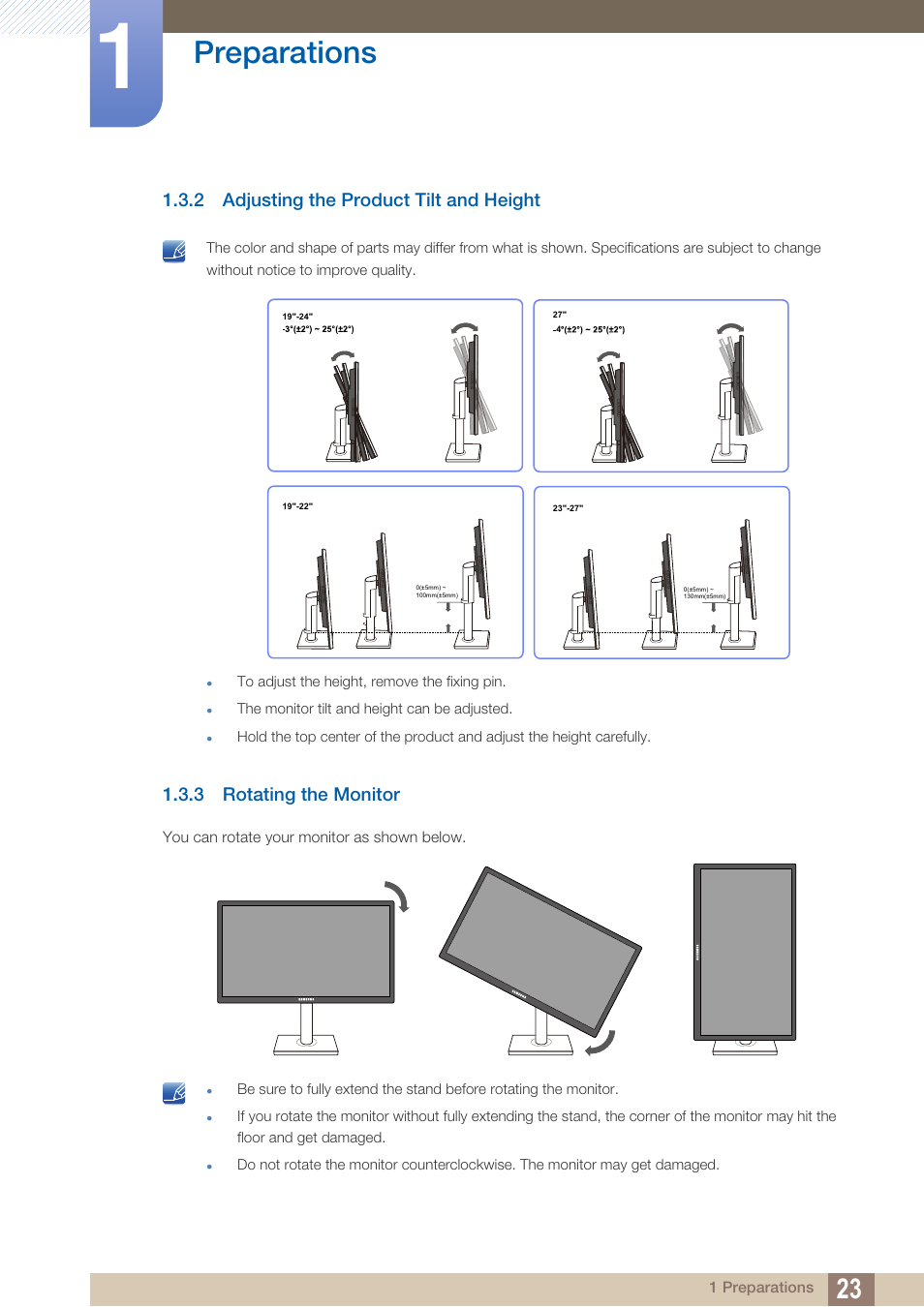 2 adjusting the product tilt and height, 3 rotating the monitor, Adjusting the product tilt and height | Rotating the monitor, Preparations | Samsung LS19C45KBRV-GO User Manual | Page 23 / 122