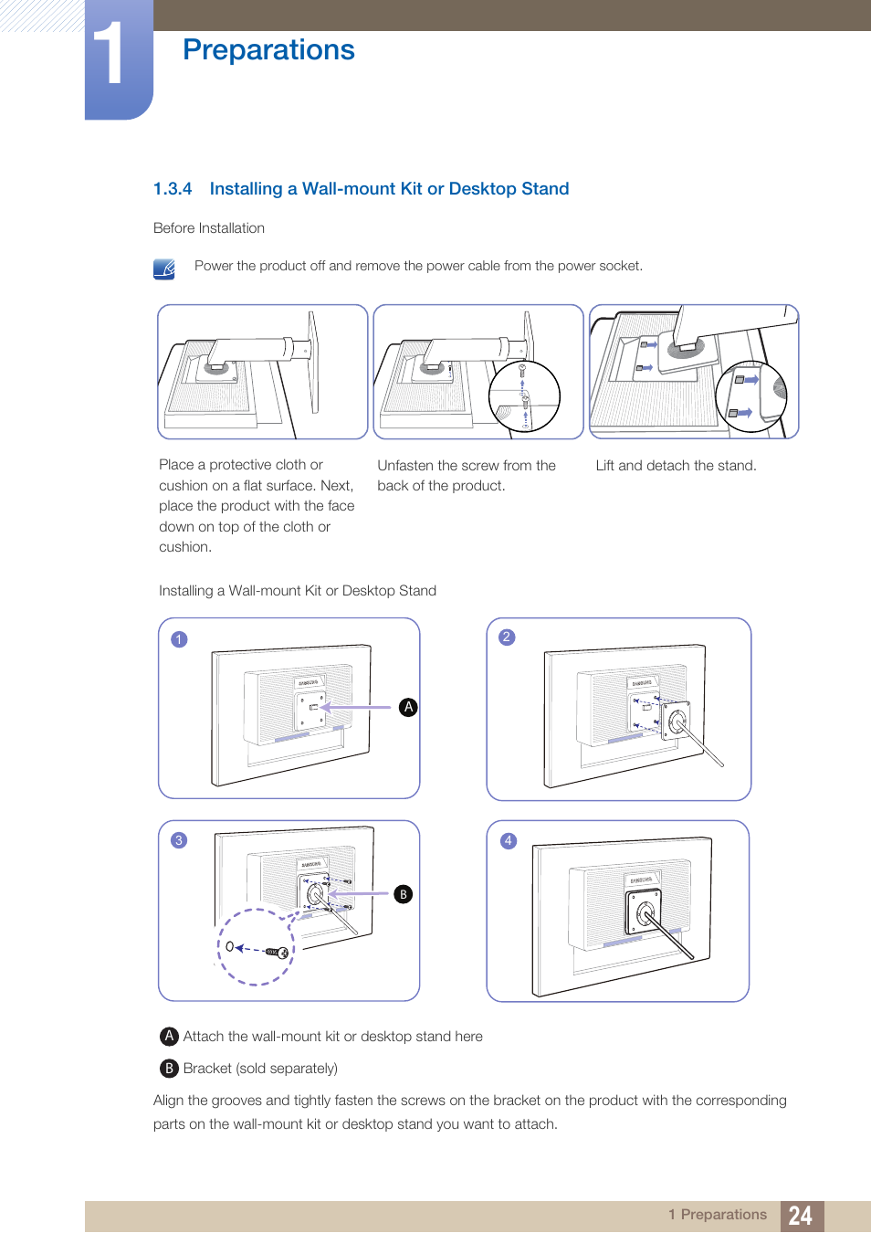 4 installing a wall-mount kit or desktop stand, Installing a wall-mount kit or desktop stand, Preparations | Samsung LS19C45KBRV-GO User Manual | Page 24 / 122