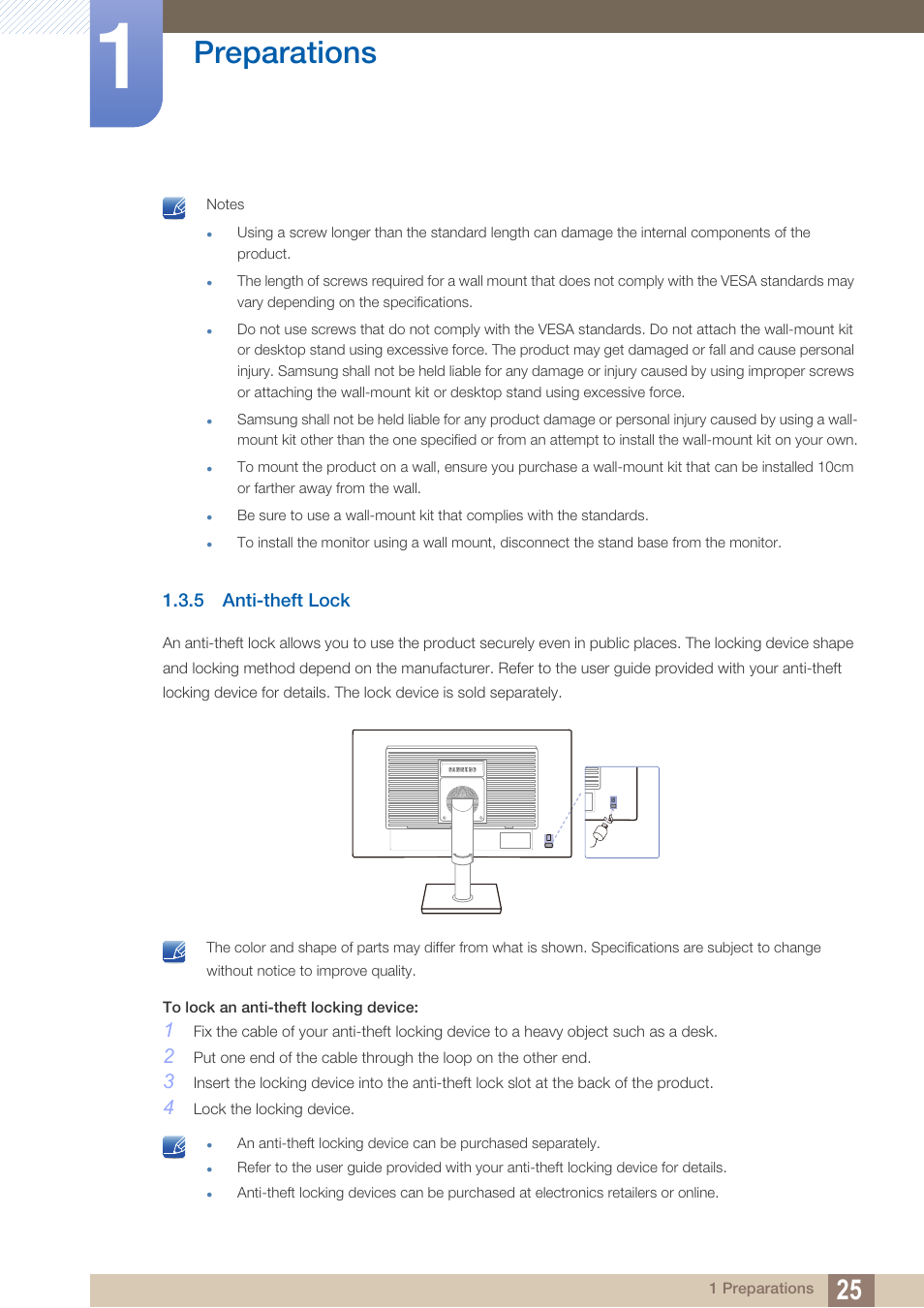 5 anti-theft lock, Anti-theft lock, Preparations | Samsung LS19C45KBRV-GO User Manual | Page 25 / 122