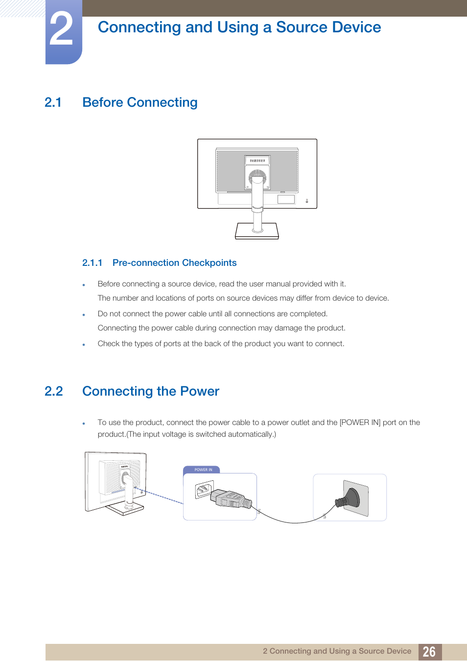 Connecting and using a source device, 1 before connecting, 1 pre-connection checkpoints | 2 connecting the power, Connecting and using, A source device, Before connecting, Pre-connection checkpoints, Connecting the power | Samsung LS19C45KBRV-GO User Manual | Page 26 / 122