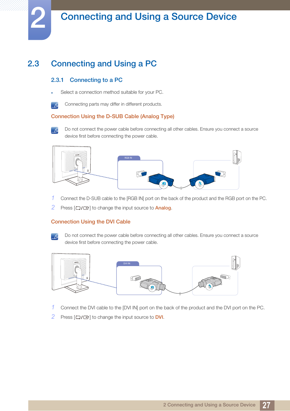 3 connecting and using a pc, 1 connecting to a pc, Connecting and using a pc | Connecting to a pc, Connecting and using a source device | Samsung LS19C45KBRV-GO User Manual | Page 27 / 122