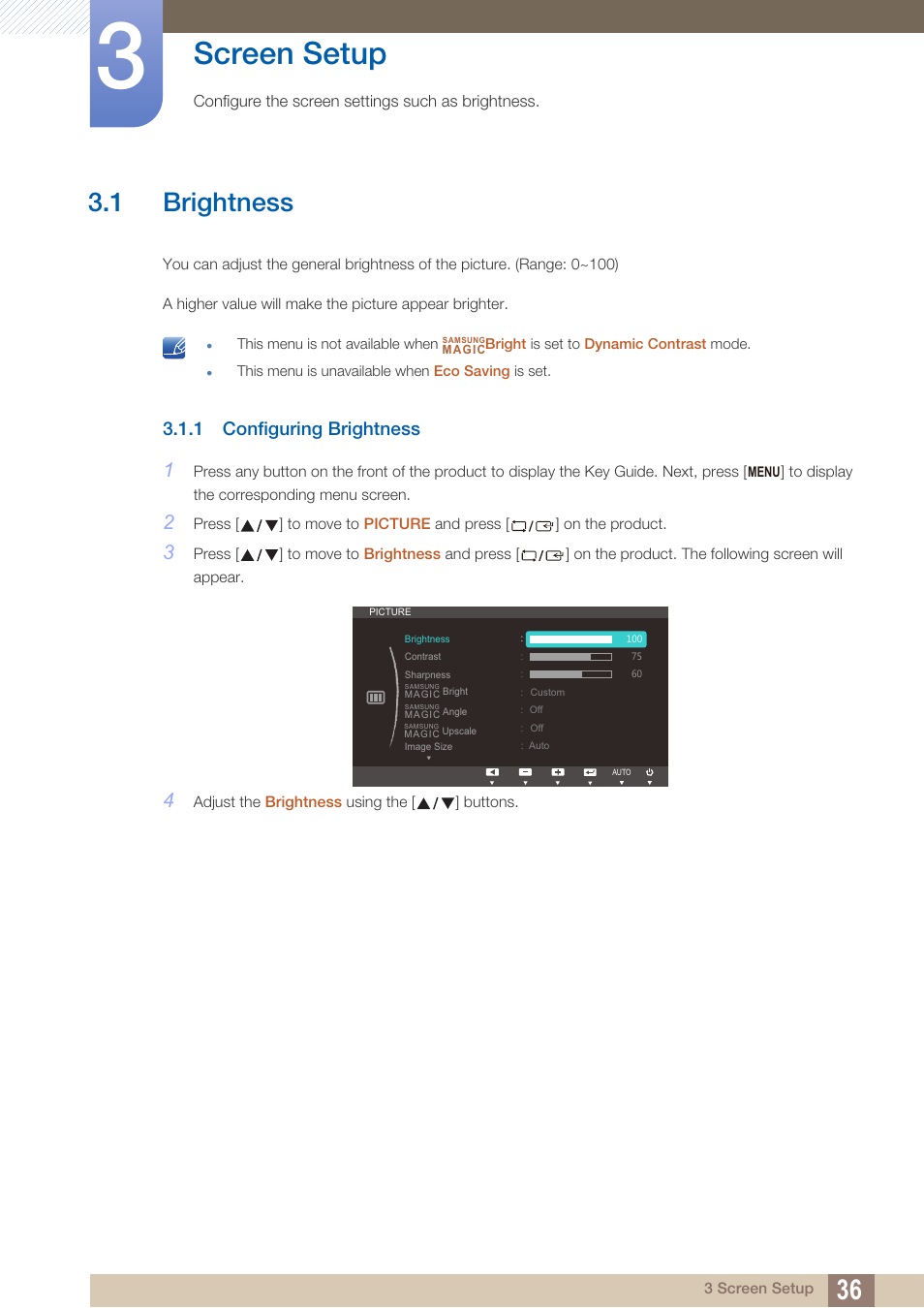 Screen setup, 1 brightness, 1 configuring brightness | Brightness, Configuring brightness | Samsung LS19C45KBRV-GO User Manual | Page 36 / 122