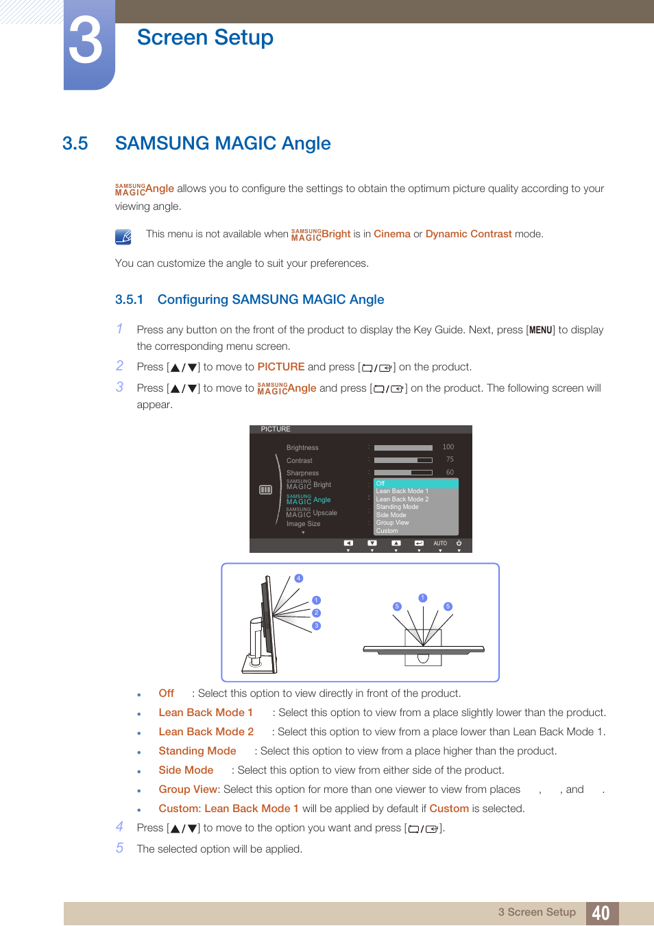 5 samsung magic angle, 1 configuring samsung magic angle, Samsung magic angle | Configuring samsung magic angle, Screen setup | Samsung LS19C45KBRV-GO User Manual | Page 40 / 122