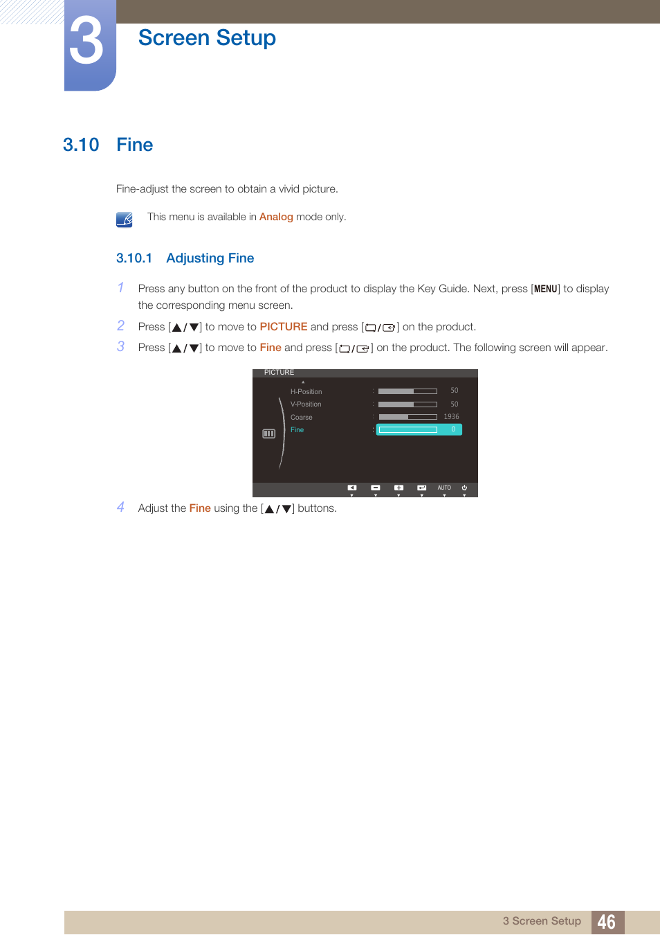 10 fine, 1 adjusting fine, Fine | Adjusting fine, Screen setup | Samsung LS19C45KBRV-GO User Manual | Page 46 / 122