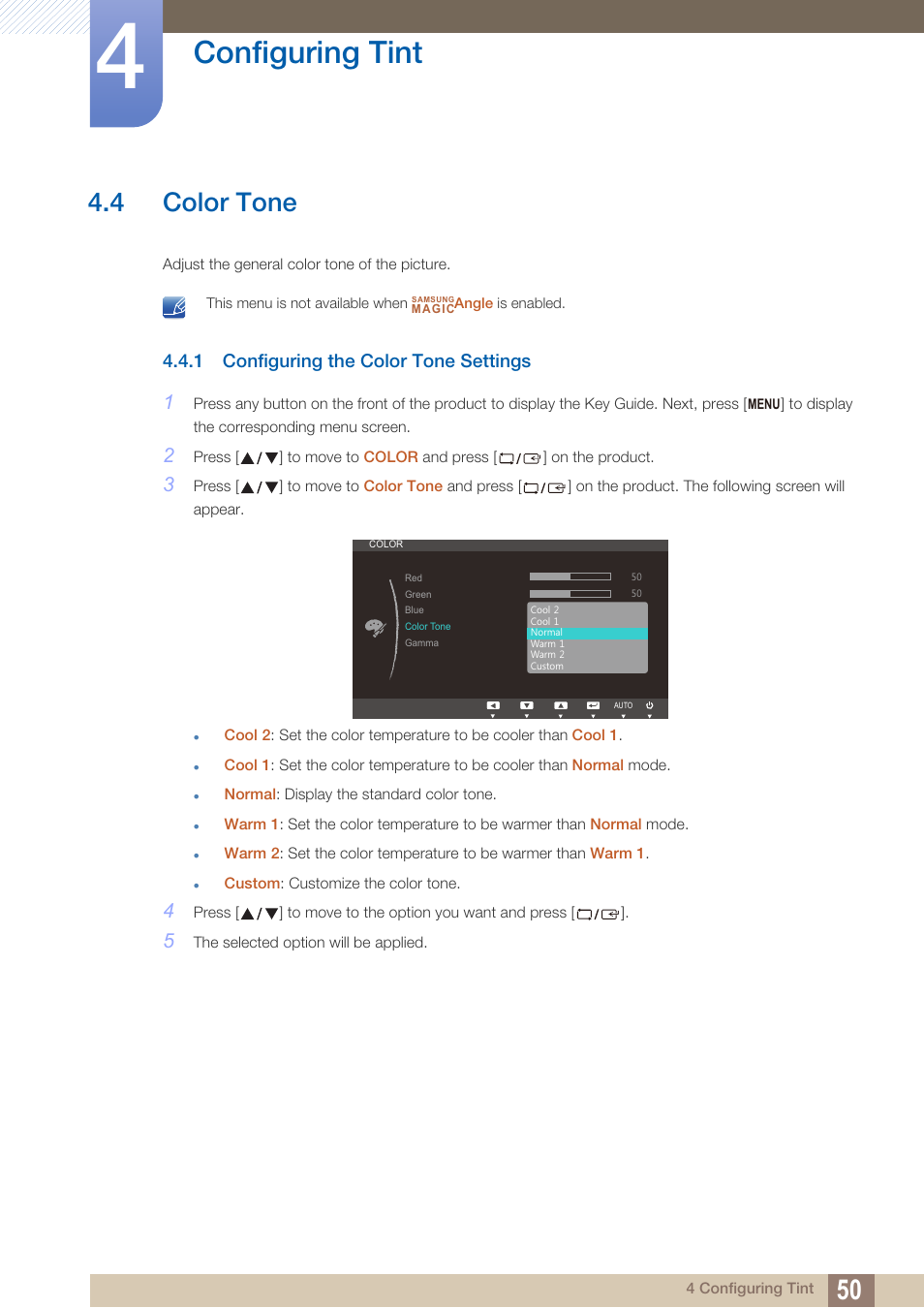 4 color tone, 1 configuring the color tone settings, Color tone | Configuring the color tone settings, Configuring tint | Samsung LS19C45KBRV-GO User Manual | Page 50 / 122