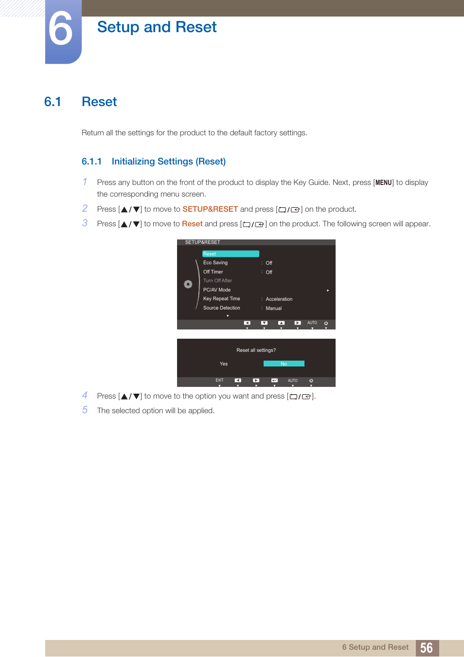 Setup and reset, 1 reset, 1 initializing settings (reset) | Reset, Initializing settings (reset) | Samsung LS19C45KBRV-GO User Manual | Page 56 / 122